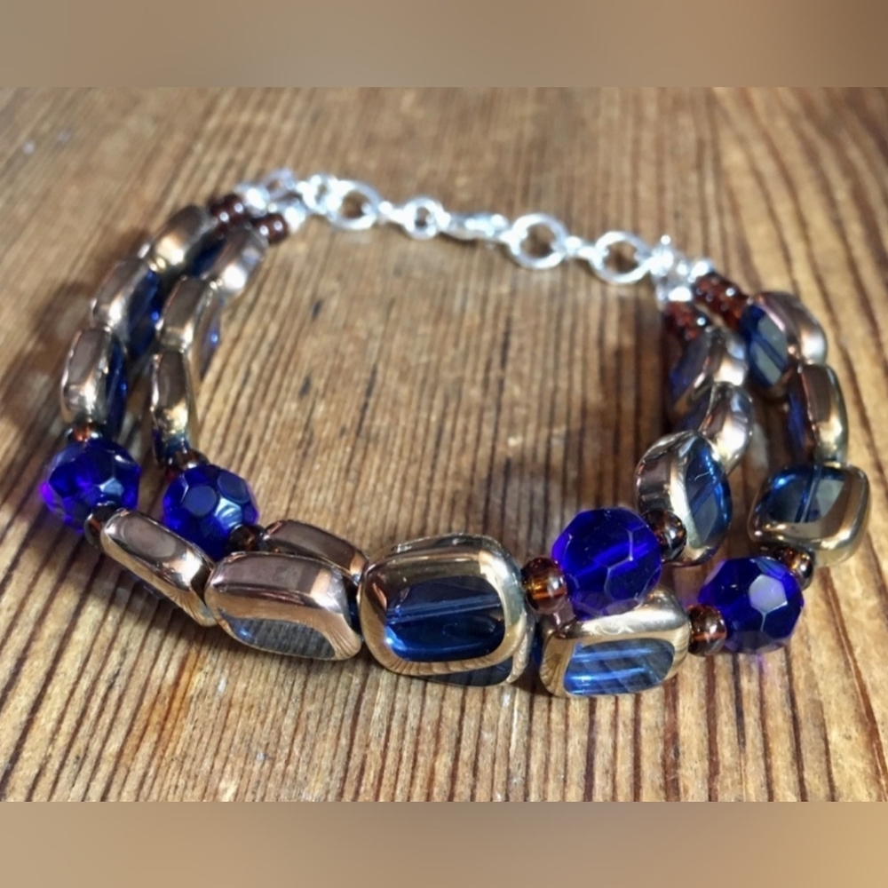 Ladies Double Strand Dark Blue Beaded Bracelet, Handmade Ladies Bracelet